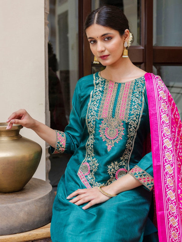 Dazzling Teal Color Silk Fabric Designer Suit