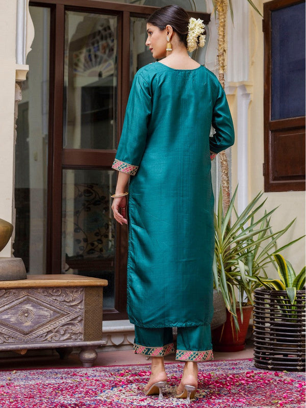 Dazzling Teal Color Silk Fabric Designer Suit