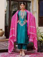 Dazzling Teal Color Silk Fabric Designer Suit
