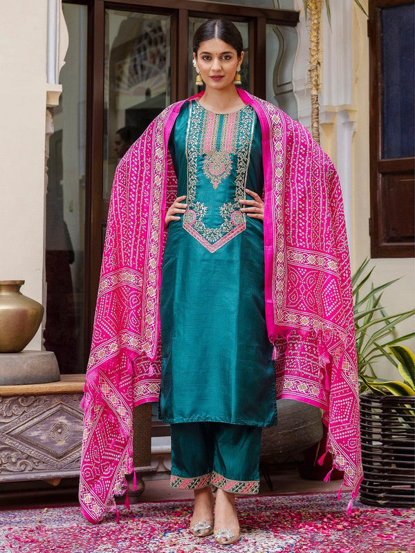 Dazzling Teal Color Silk Fabric Designer Suit