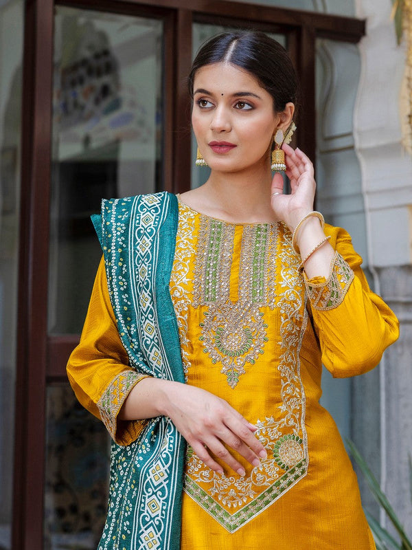 Dazzling Yellow Color Silk Fabric Designer Suit