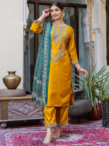 Dazzling Yellow Color Silk Fabric Designer Suit