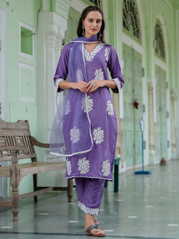 Dazzling Purple Color Silk Fabric Designer Suit
