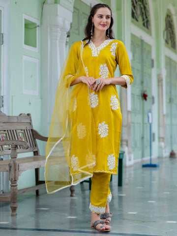 Dazzling Yellow Color Silk Fabric Designer Suit