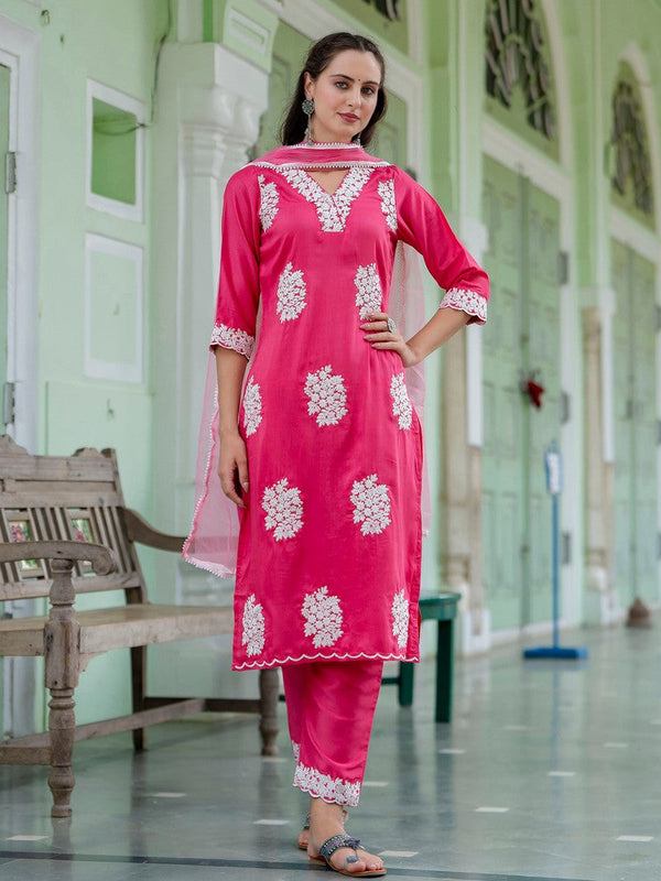 Dazzling Pink Color Silk Fabric Designer Suit