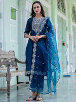 Dazzling Teal Color Silk Fabric Designer Suit