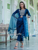 Dazzling Teal Color Silk Fabric Designer Suit