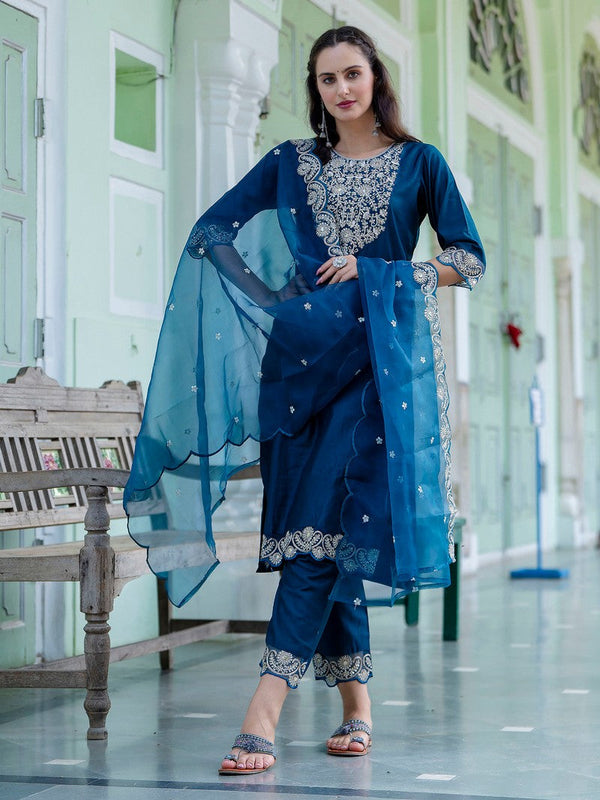 Dazzling Teal Color Silk Fabric Designer Suit