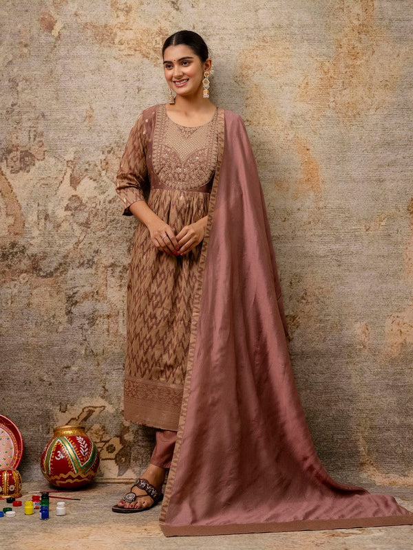 Dazzling Brown Color Silk Fabric Designer Suit