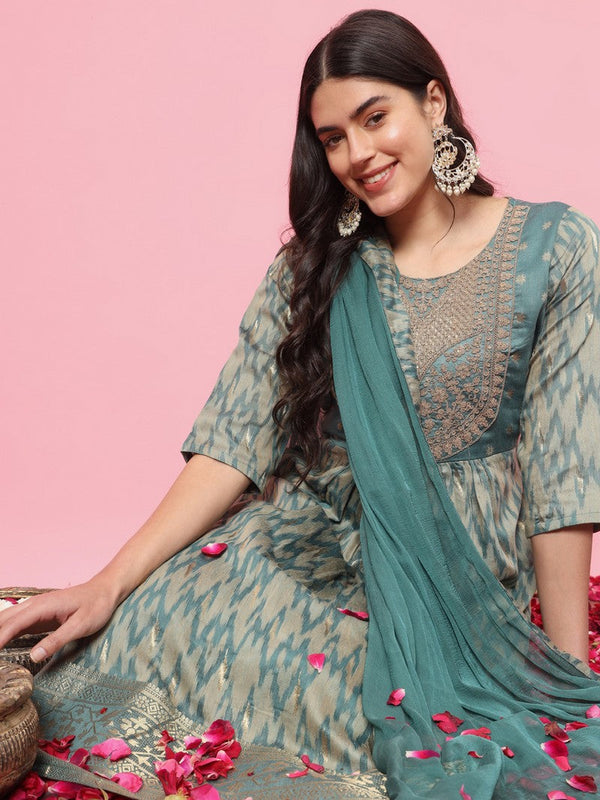 Dazzling Aqua Color Silk Fabric Designer Suit