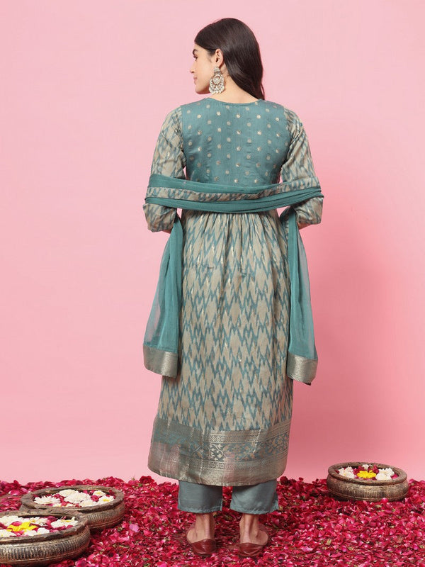 Dazzling Aqua Color Silk Fabric Designer Suit