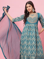 Dazzling Teal  Color Silk Fabric Designer Suit