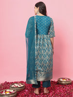 Dazzling Teal  Color Silk Fabric Designer Suit