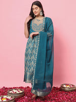 Dazzling Teal  Color Silk Fabric Designer Suit