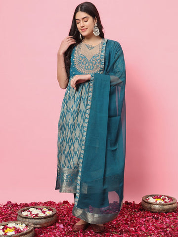 Dazzling Teal  Color Silk Fabric Designer Suit