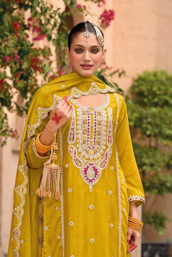 Amazing Yellow Color Chinon Fabric Plazzo Suit