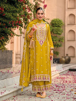 Amazing Yellow Color Chinon Fabric Plazzo Suit