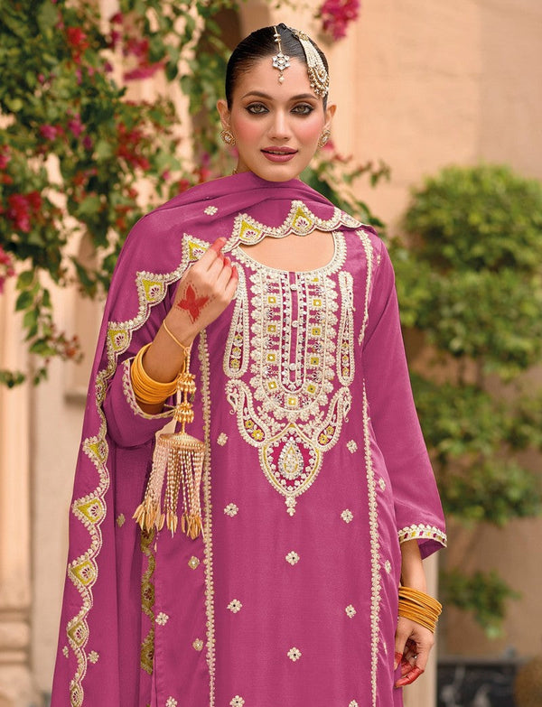 Amazing Pink Color Chinon Fabric Plazzo Suit