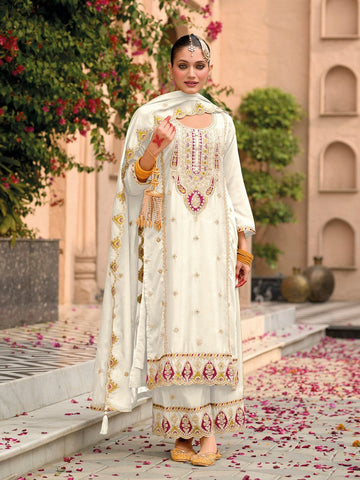 Amazing White Color Chinon Fabric Plazzo Suit