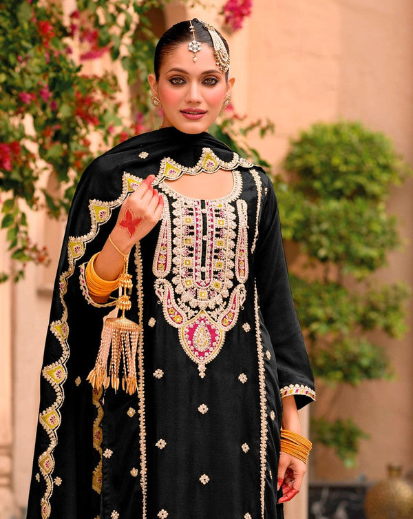 Amazing Black Color Chinon Fabric Plazzo Suit