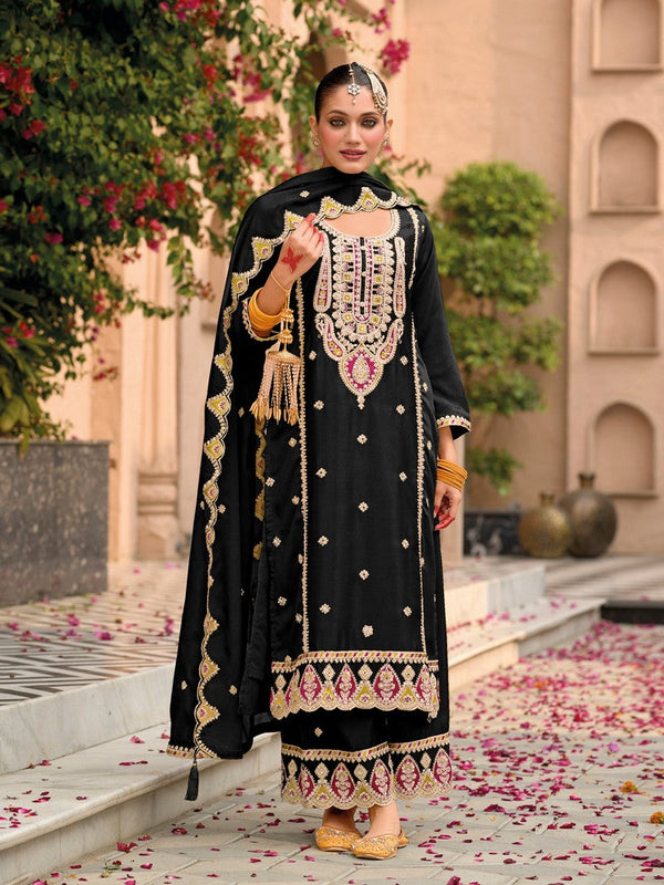 Amazing Black Color Chinon Fabric Plazzo Suit
