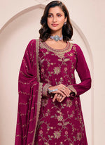 Amazing Maroon Color Chinon Fabric Plazzo Suit
