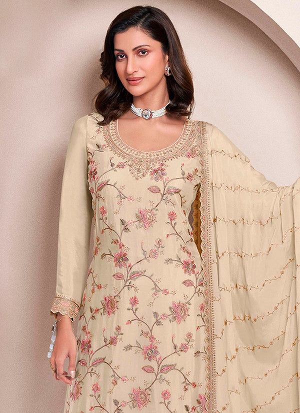 Amazing Cream Color Chinon Fabric Plazzo Suit