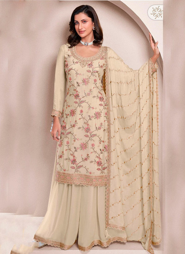 Amazing Cream Color Chinon Fabric Plazzo Suit