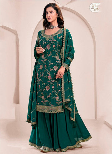 Amazing Green Color Chinon Fabric Plazzo Suit