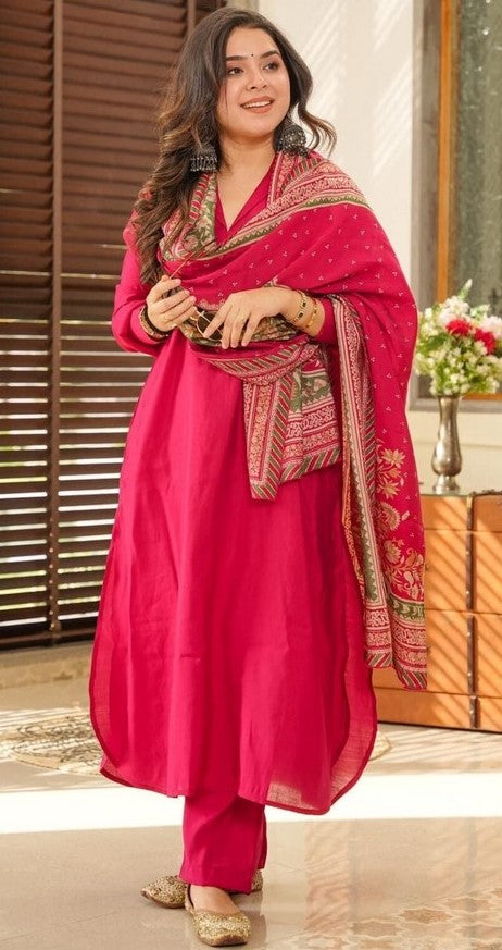 Beautiful Pink Color Cotton Fabric Designer Suit