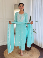 Beautiful Aqua Color Cotton Fabric Designer Suit
