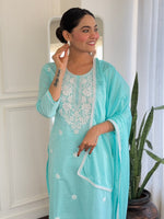 Beautiful Aqua Color Cotton Fabric Designer Suit
