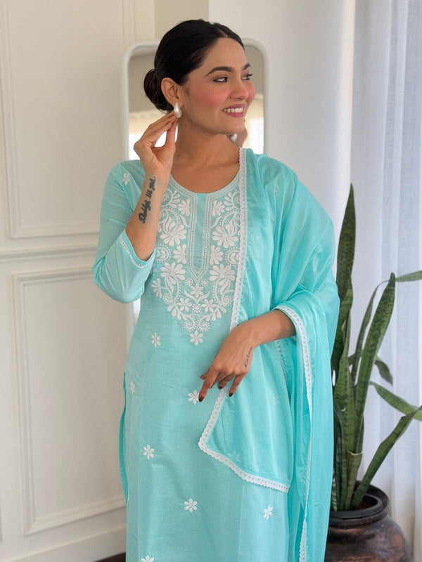 Beautiful Aqua Color Cotton Fabric Designer Suit