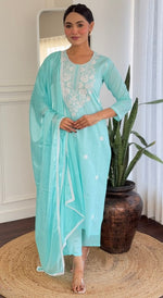Beautiful Aqua Color Cotton Fabric Designer Suit