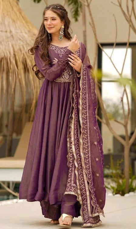 Beautiful Wine Color Shimmer Fabric Designer Suit