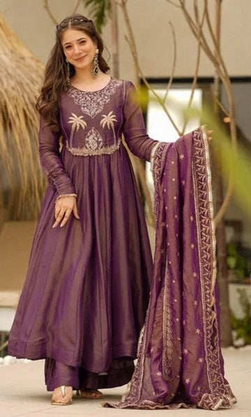 Beautiful Wine Color Shimmer Fabric Designer Suit