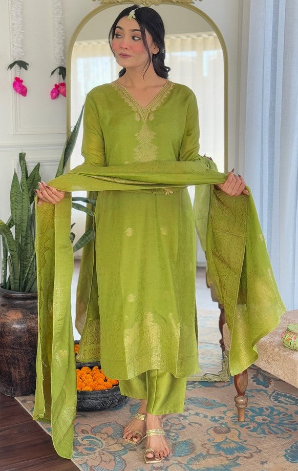 Beautiful Green Color Jacquard Fabric Designer Suit