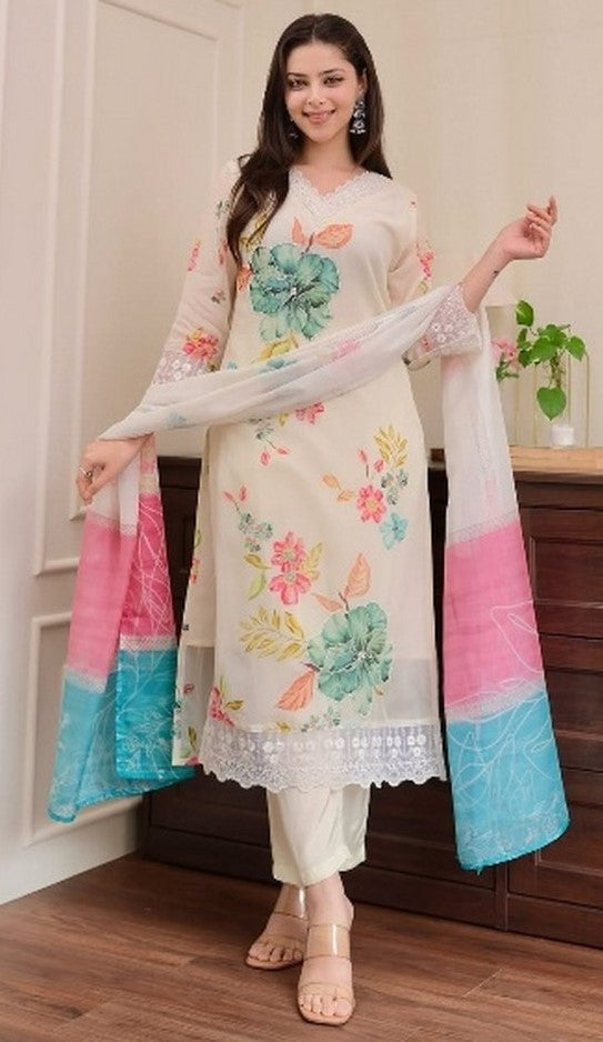 Beautiful Cream Color Silk Fabric Designer Suit