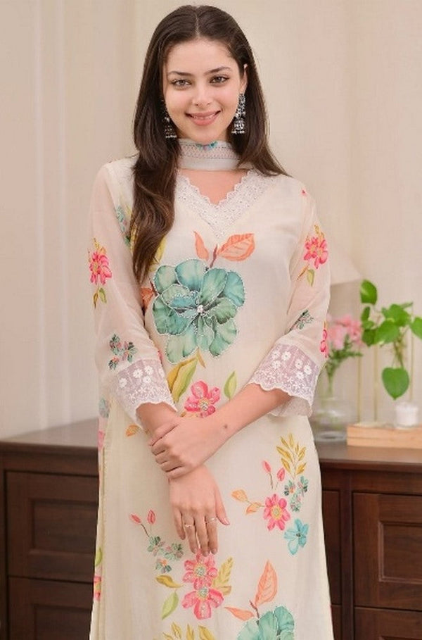 Beautiful Cream Color Silk Fabric Designer Suit