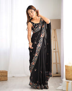 Ideal Black Color Satin Fabric Partywear Saree