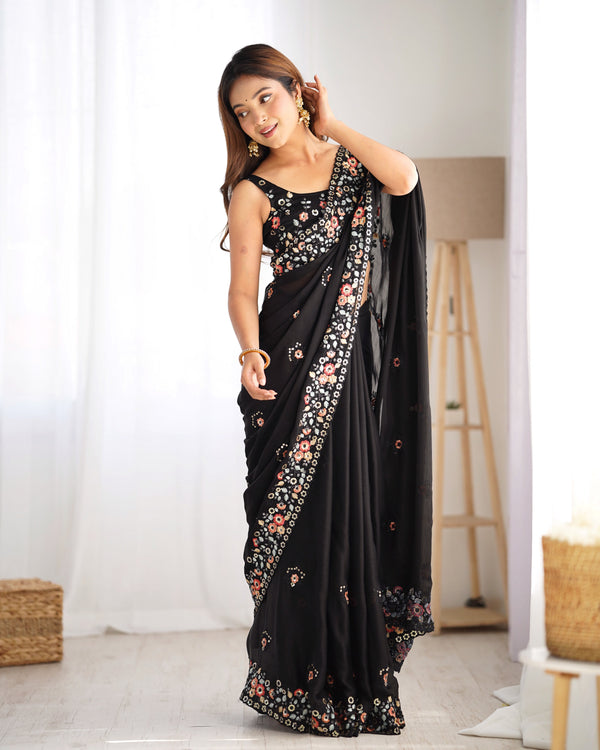 Ideal Black Color Satin Fabric Partywear Saree