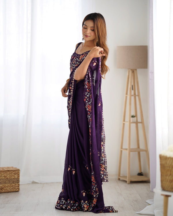 Ideal Purple Color Satin Fabric Partywear Saree