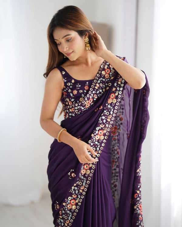 Ideal Purple Color Satin Fabric Partywear Saree