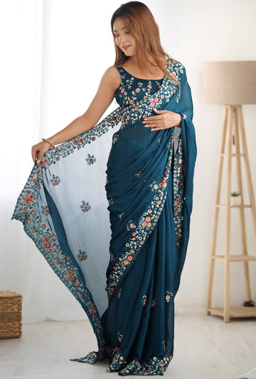 Ideal Teal Color Satin Fabric Partywear Saree