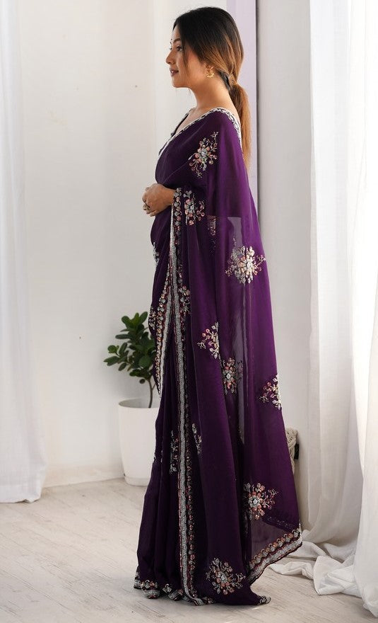Ideal Purple Color Satin Fabric Partywear Saree