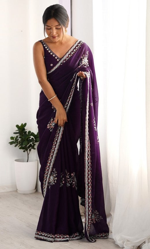 Ideal Purple Color Satin Fabric Partywear Saree