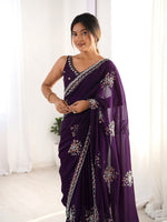 Ideal Purple Color Satin Fabric Partywear Saree