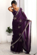 Ideal Purple Color Satin Fabric Partywear Saree