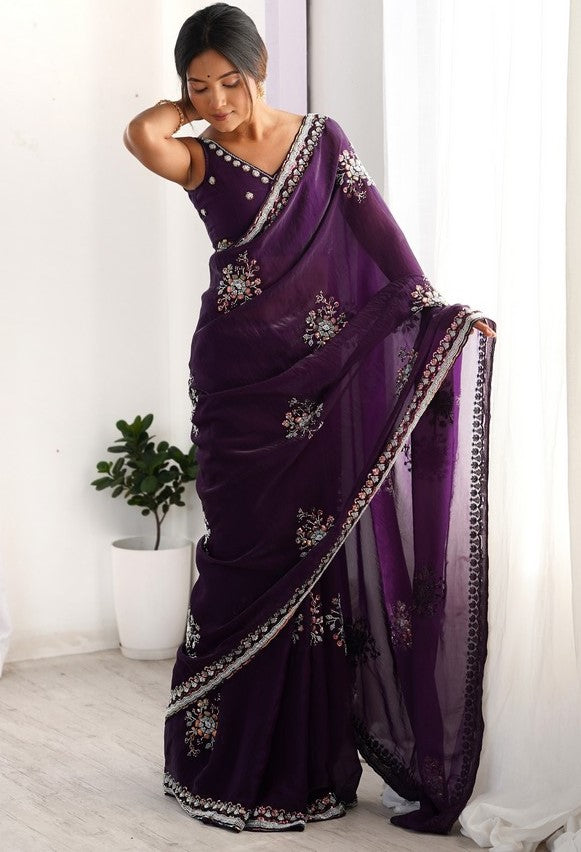 Ideal Purple Color Satin Fabric Partywear Saree