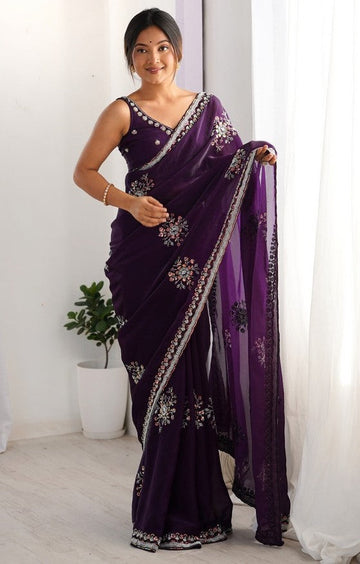 Ideal Purple Color Satin Fabric Partywear Saree